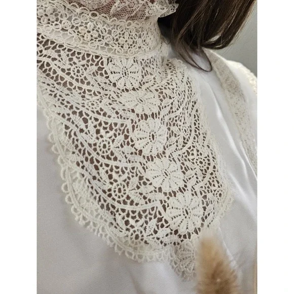 Vintage 70s Cream Prairie Dress Victorian Peasant Cottage Lace Boho Wedding Gown - Picture 7 of 16